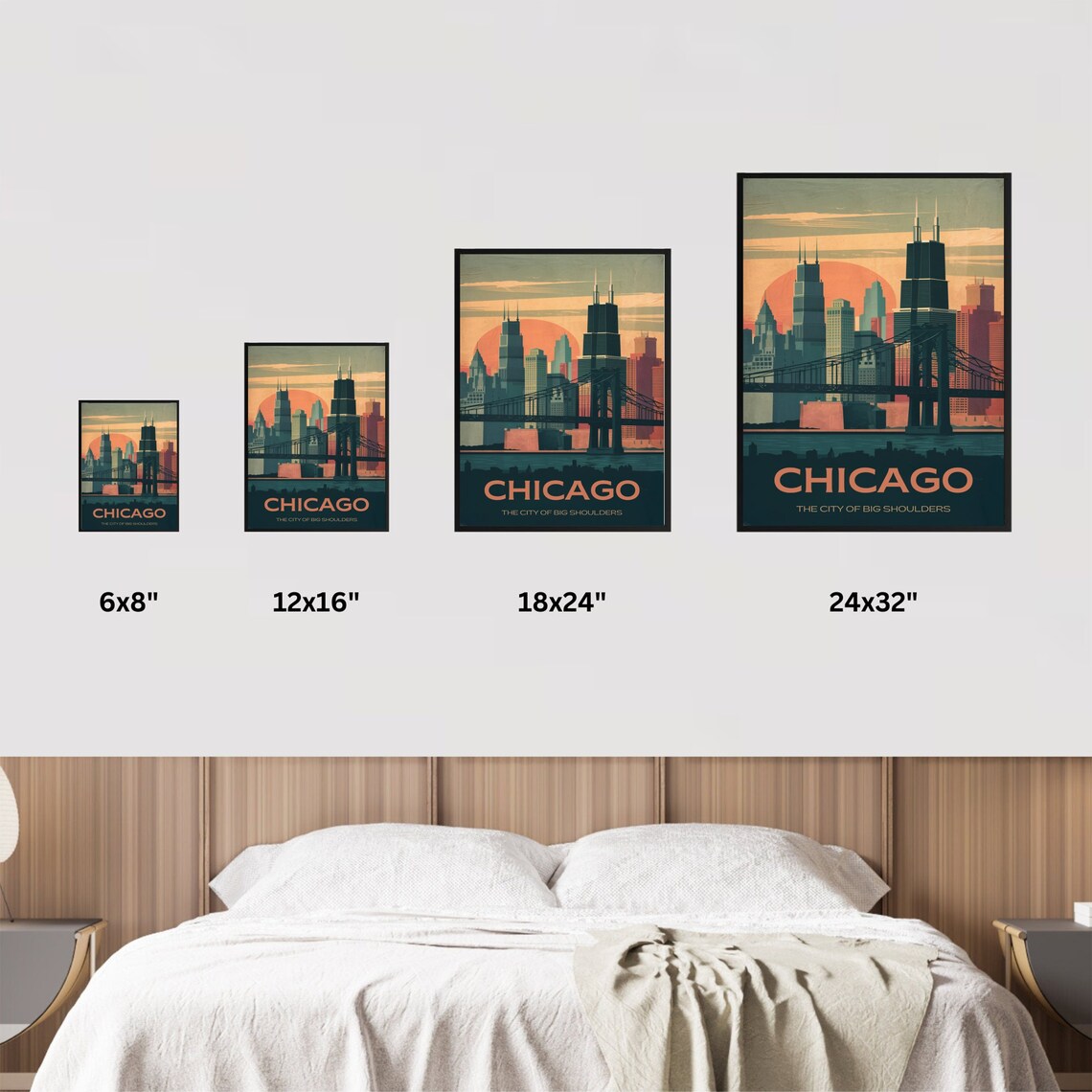 Chicago Vintage Travel Poster City of Big Shoulders Skyline Sunset - Image 4