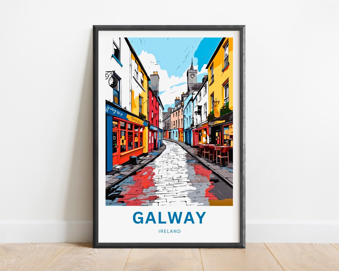 Galway Ireland Colorful Pub Street and Wet Cobblestones Poster