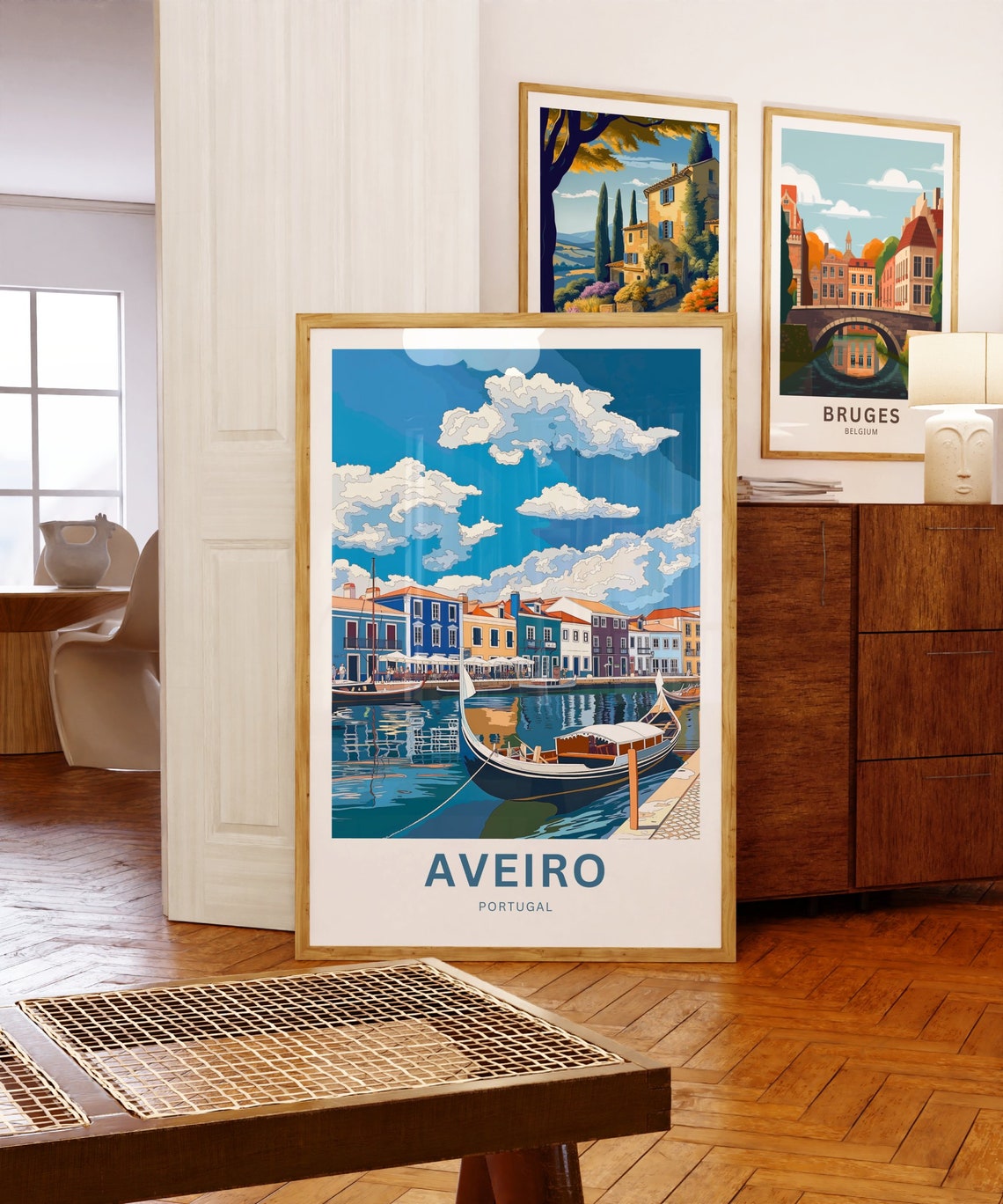 Aveiro Portugal Bright Canal Scene with Boat and Blue Sky Poster - Image 5