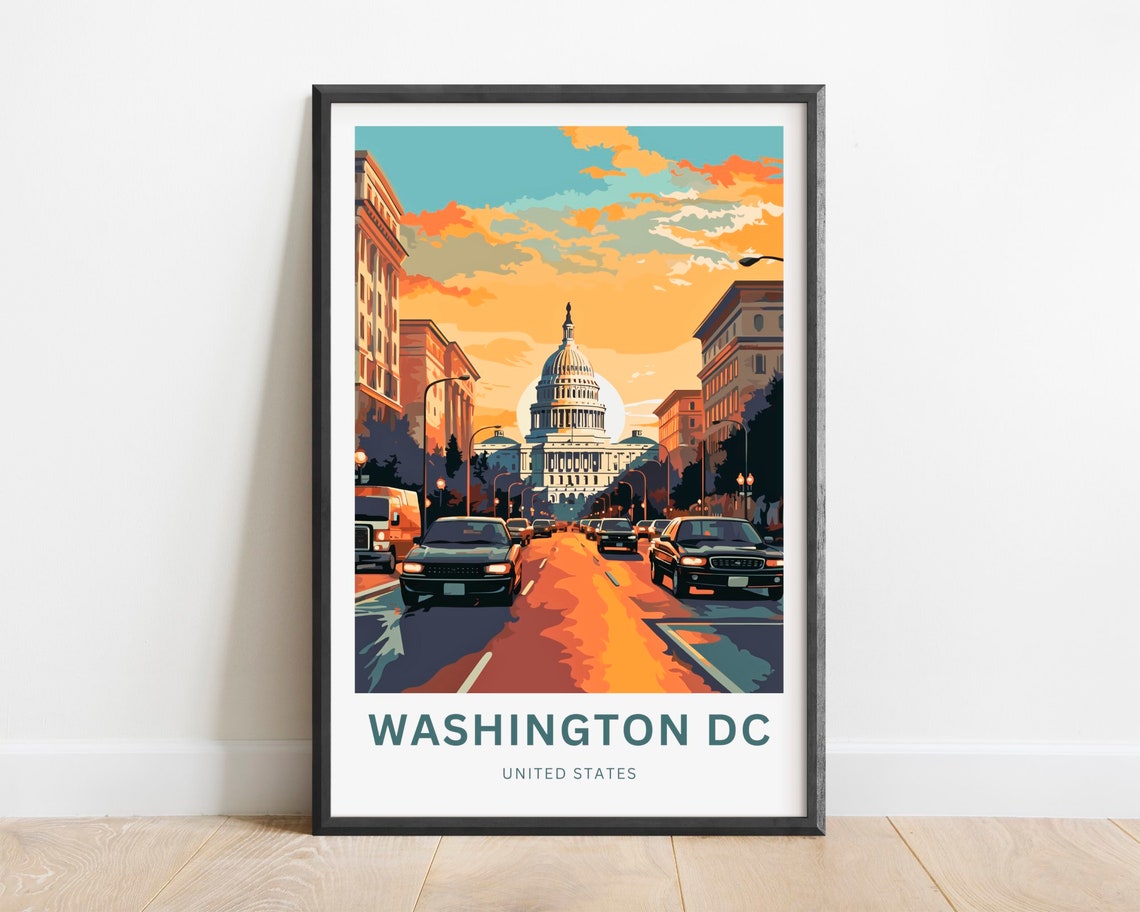 Washington DC Capitol Avenue Golden Hour Traffic Vintage Travel Poster