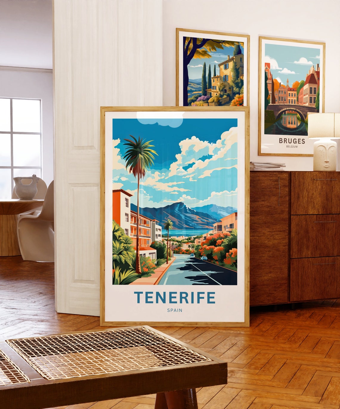 Tenerife Spain Palm Lined Street Mountain Coast Town Scene Poster - Image 5