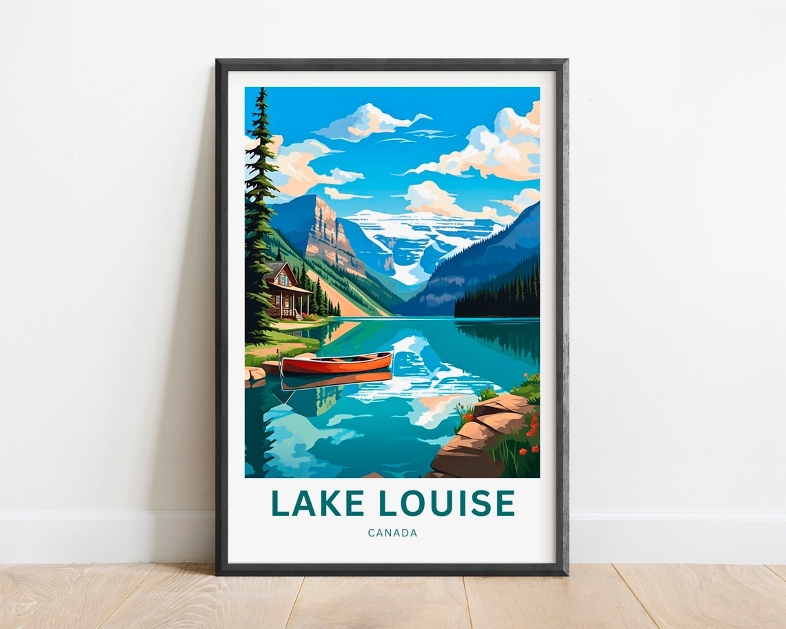 Lake Louise Canada Turquoise Lake Red Canoe Cabin View Travel Poster