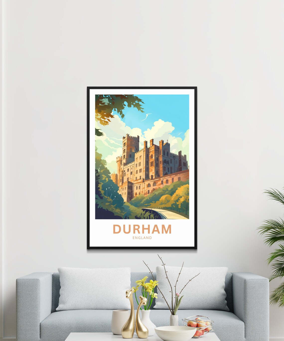 Durham England Historic Castle Above Green Woodland Retro Poster - Image 3