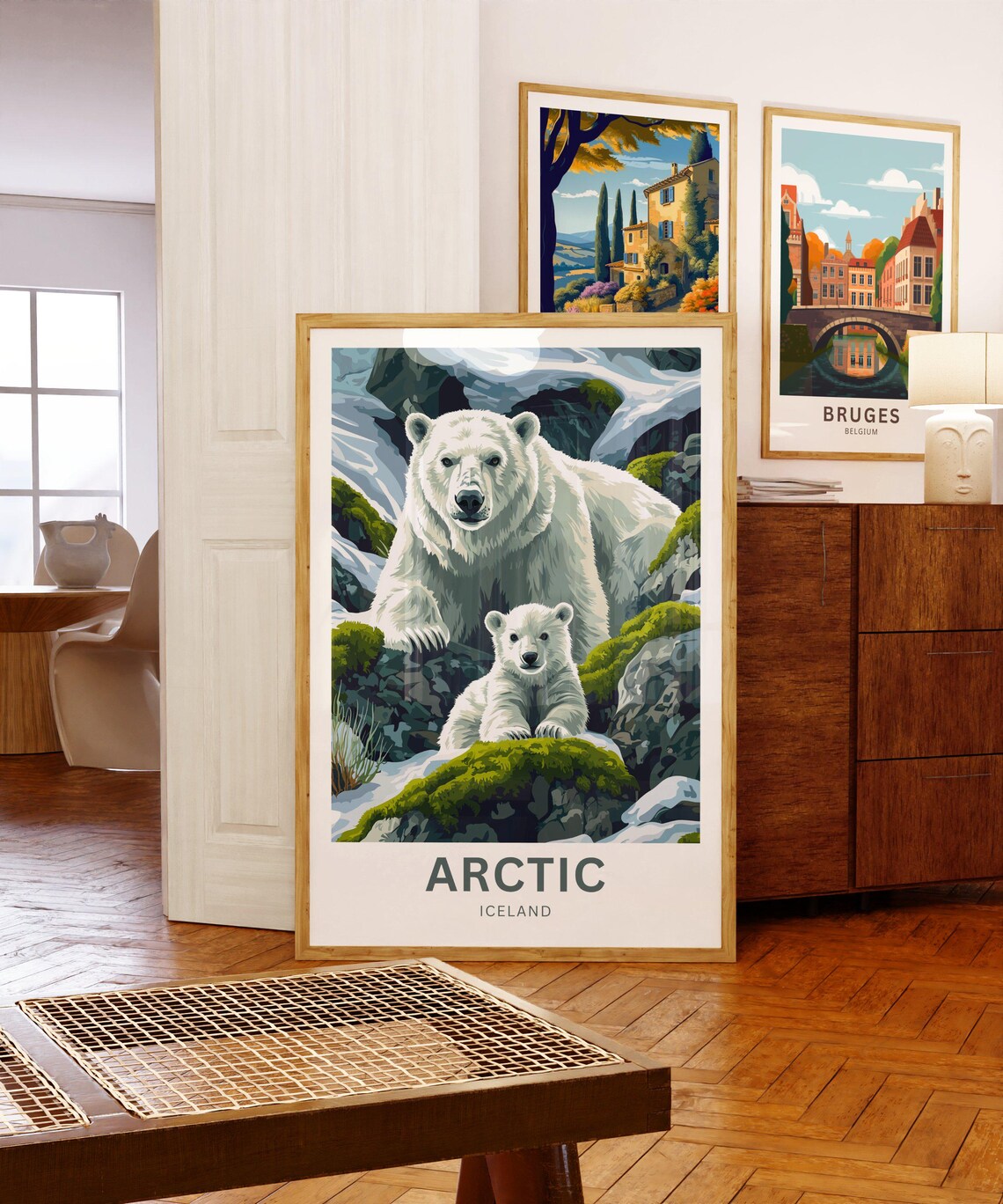 Arctic Iceland Polar Bear and Cub on Mossy Snowy Rocks Poster - Image 5