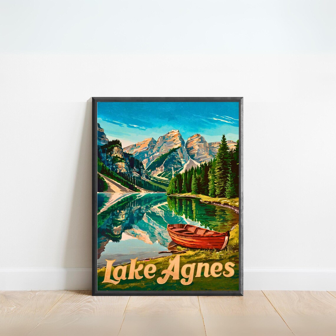 Lake Agnes Vintage Red Canoe On Still Glassy Mountain Lake Poster