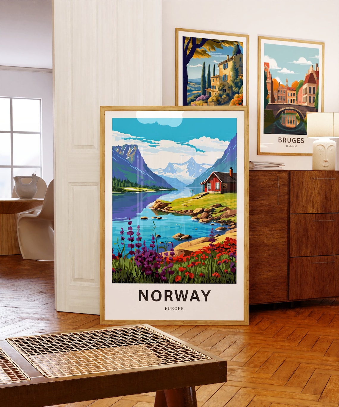 Norway Europe Travel Poster Red Mountain Cabin Wildflower Lake Scene - Image 5