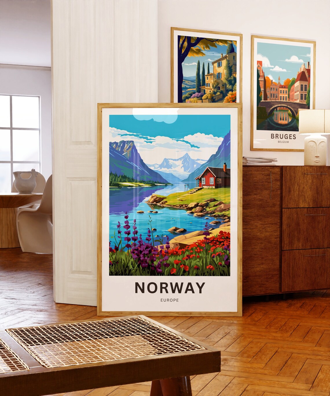 Personalized Norway Travel Poster Red Cabin Wildflower Lake Scene - Image 5