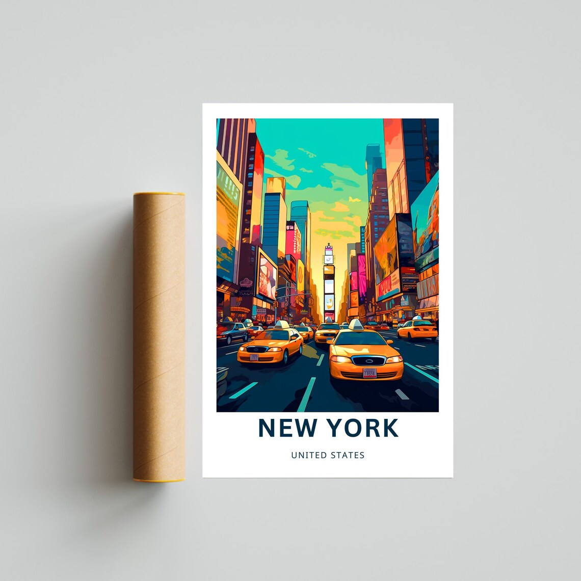 New York Times Square Yellow Taxis Neon Night City Travel Poster Art - Image 4