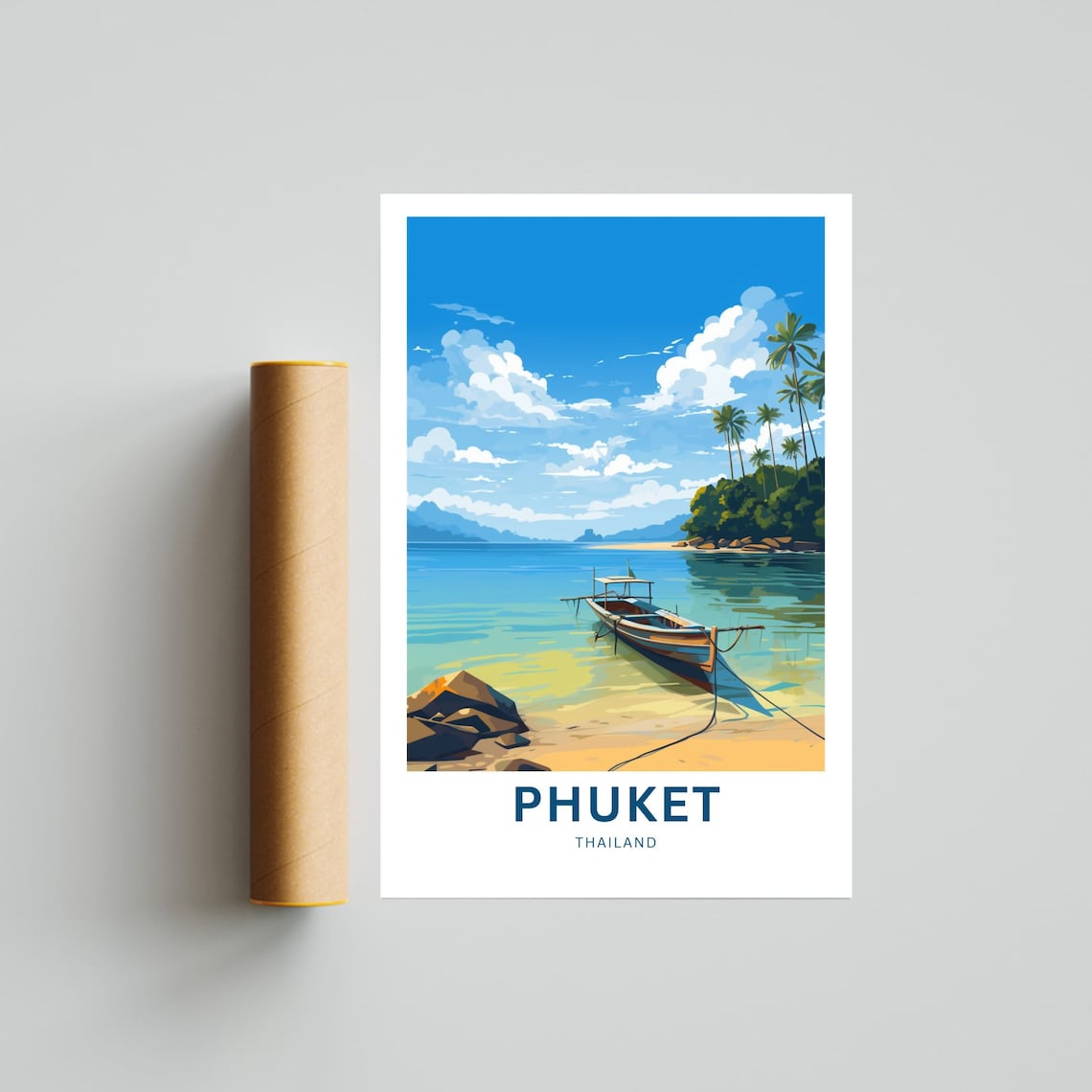 Phuket Thailand Travel Poster Wooden Boat Calm Shore Palm Isle Art - Image 4