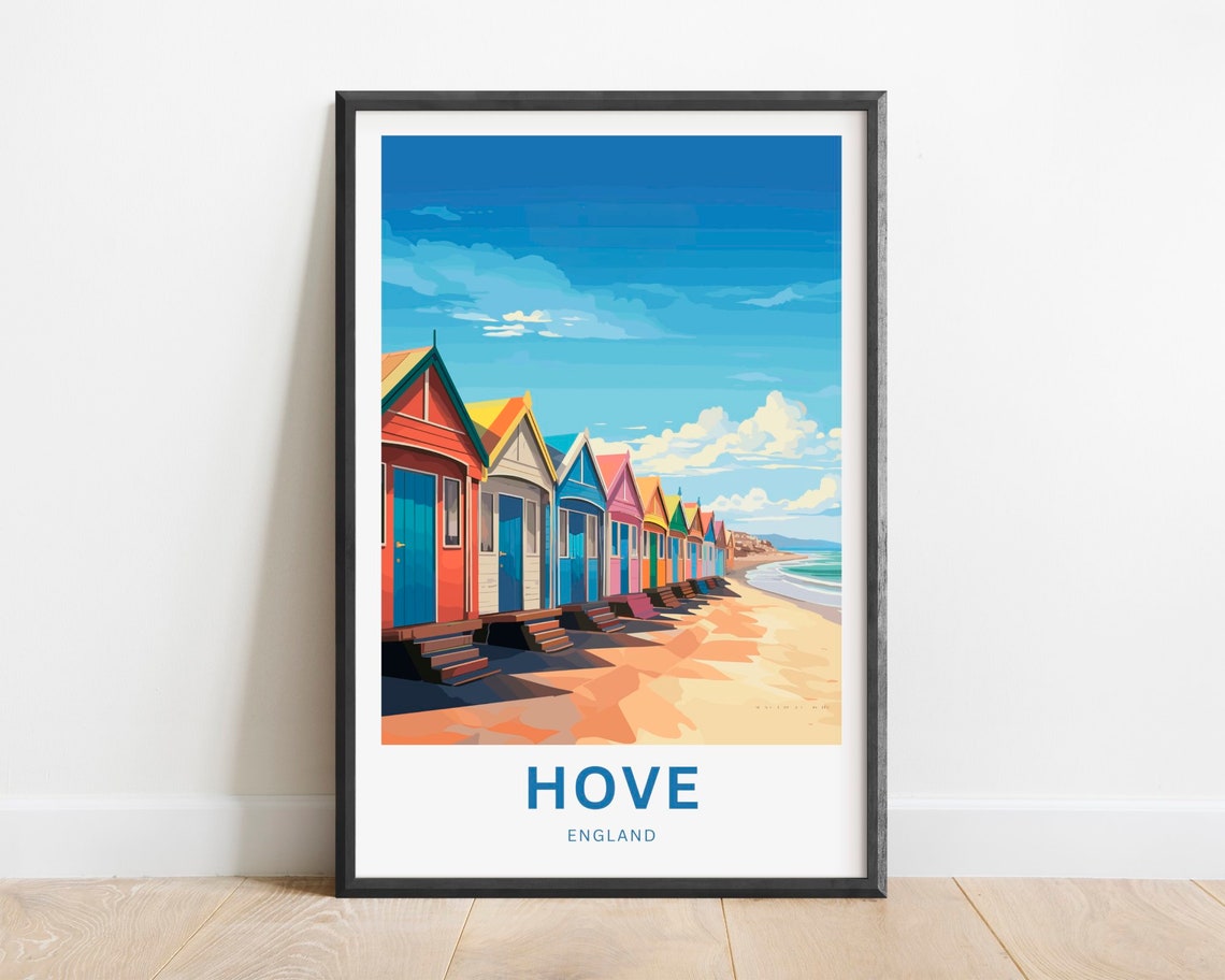 Hove England Colorful Beach Huts Sunny Seaside Travel Art Poster