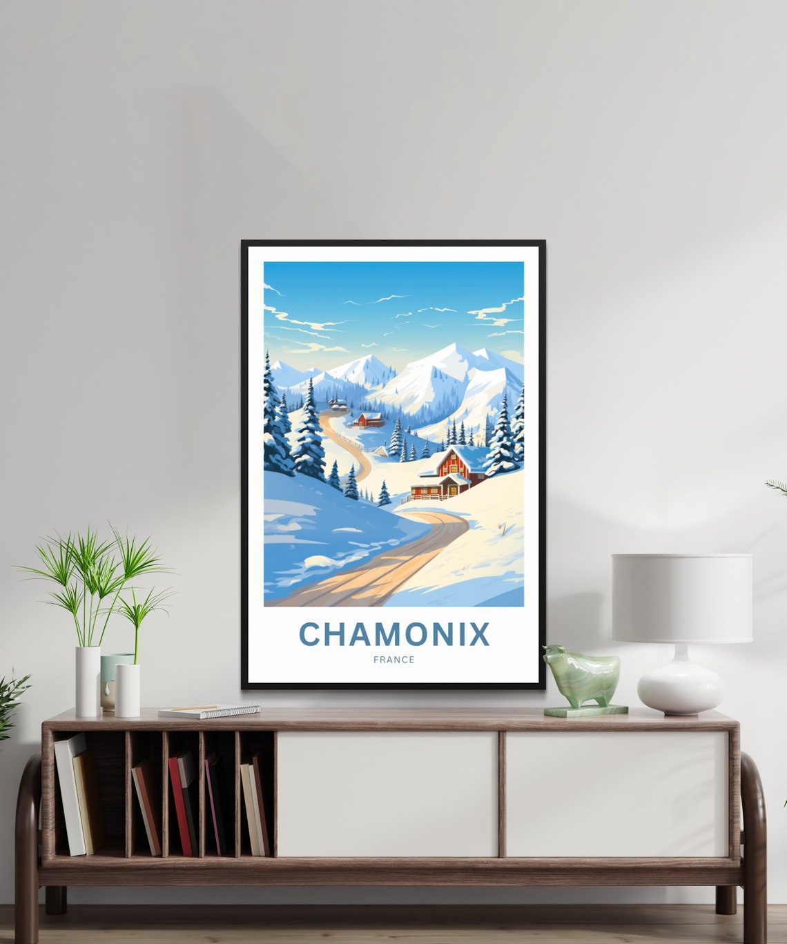 Chamonix France Snowy Alpine Valley Red Cabins Road Travel Poster - Image 2