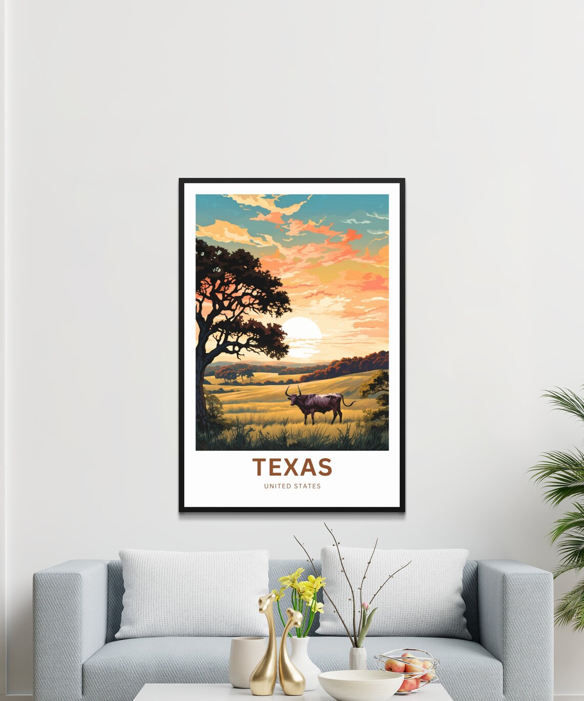 Texas Longhorn Golden Field Sunset Vintage Western Travel Poster - Image 3