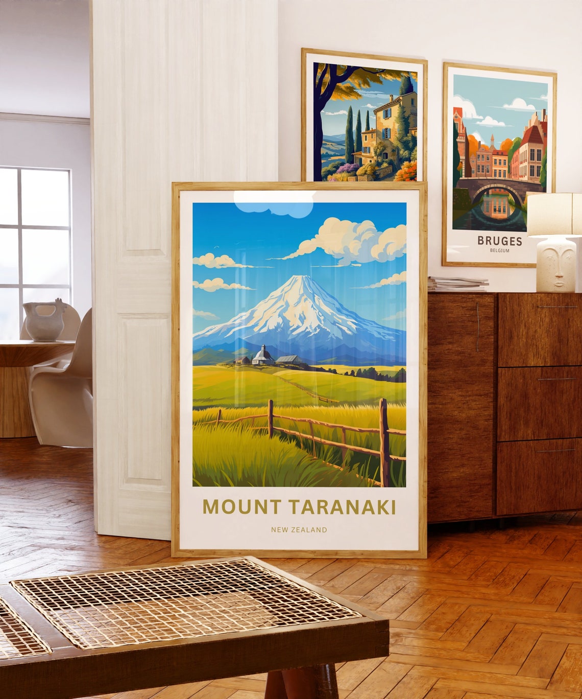 Mount Taranaki New Zealand Snow Capped Volcano Farmhouse Poster - Image 5