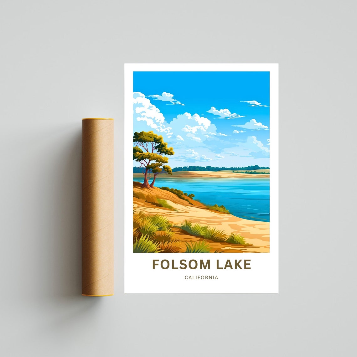 Folsom Lake California Curved Beach and Pine Trees Scene Poster - Image 4
