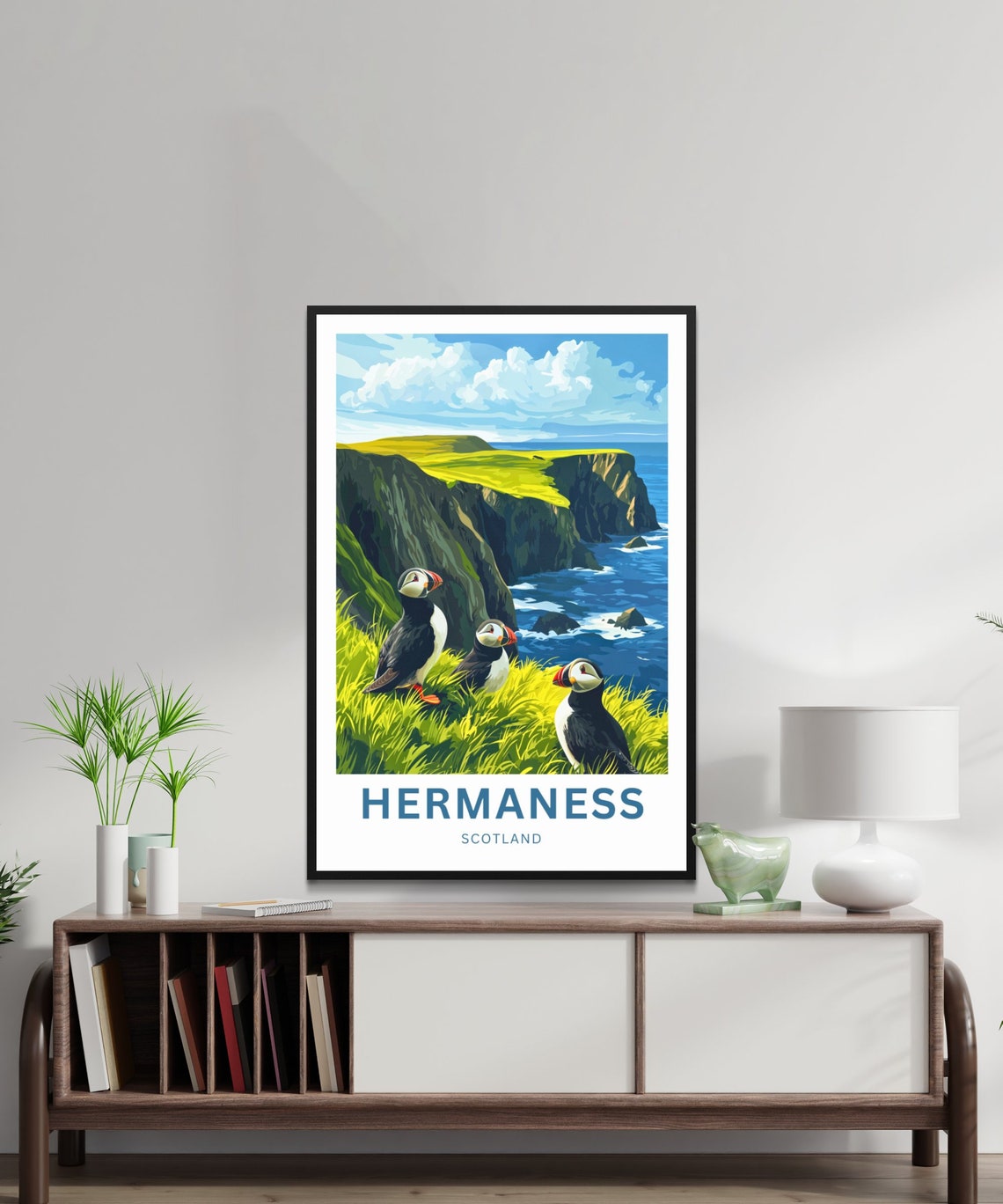 Personalized Hermaness Scotland Puffins on Green Sea Cliffs Poster - Image 3