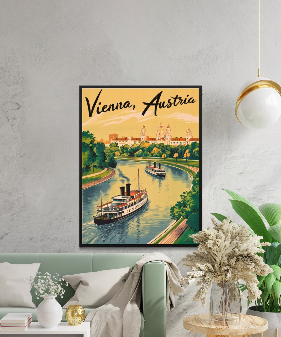 Vienna Austria Vintage Danube Steamboat Golden Script Travel Poster - Image 2
