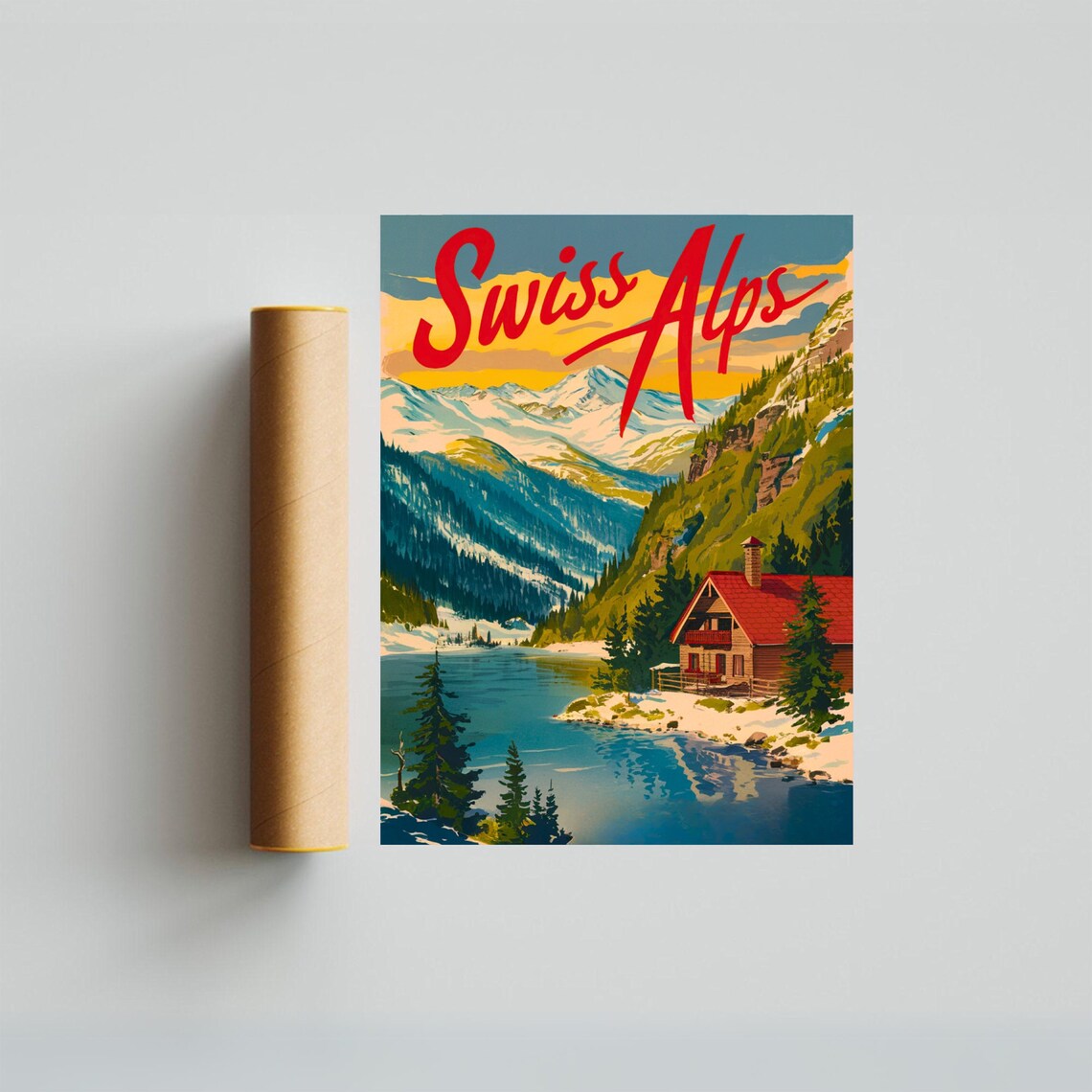 Swiss Alps Vintage Style Lake Cabin and Snowy Peaks Art Poster - Image 4