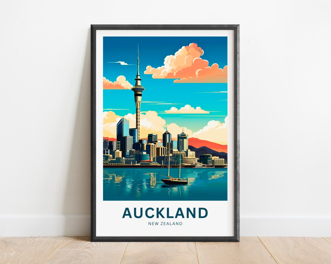 Auckland New Zealand Sky Tower Island Mountain Harbor Travel Poster