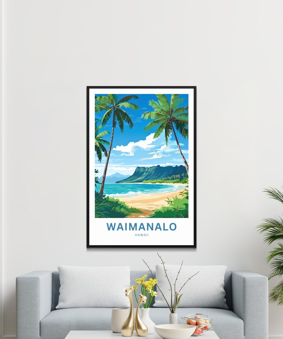 Waimanalo Hawaii Beach Palms Ocean Cliffs Scene Tropical Poster - Image 2
