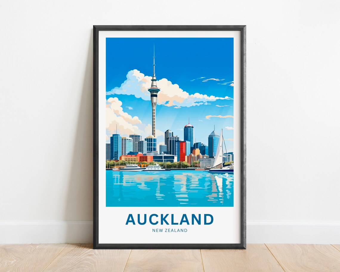 Auckland New Zealand Sky Tower Waterfront Downtown Travel Poster