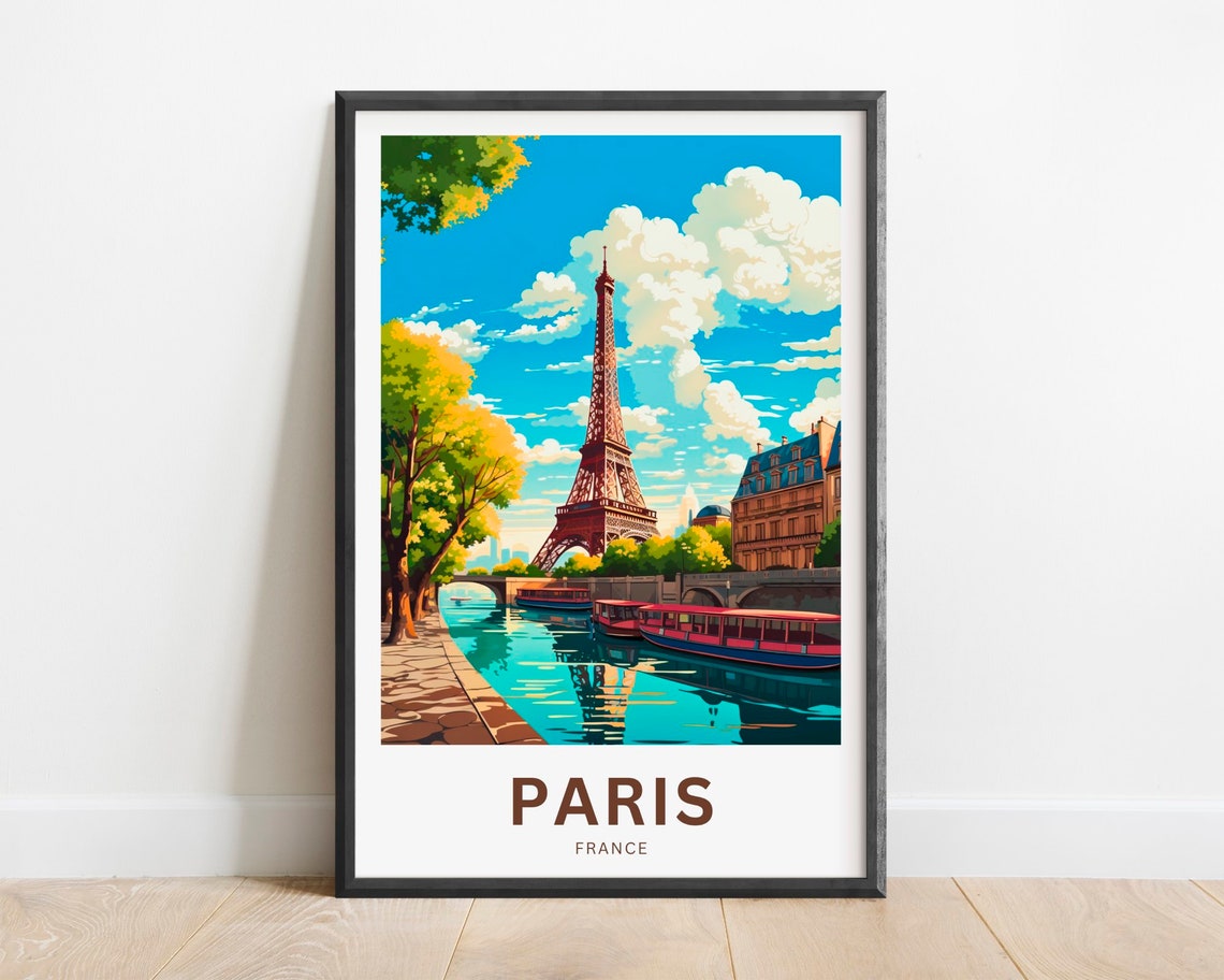 Paris France Eiffel Tower Seine Riverside Vintage Travel Poster