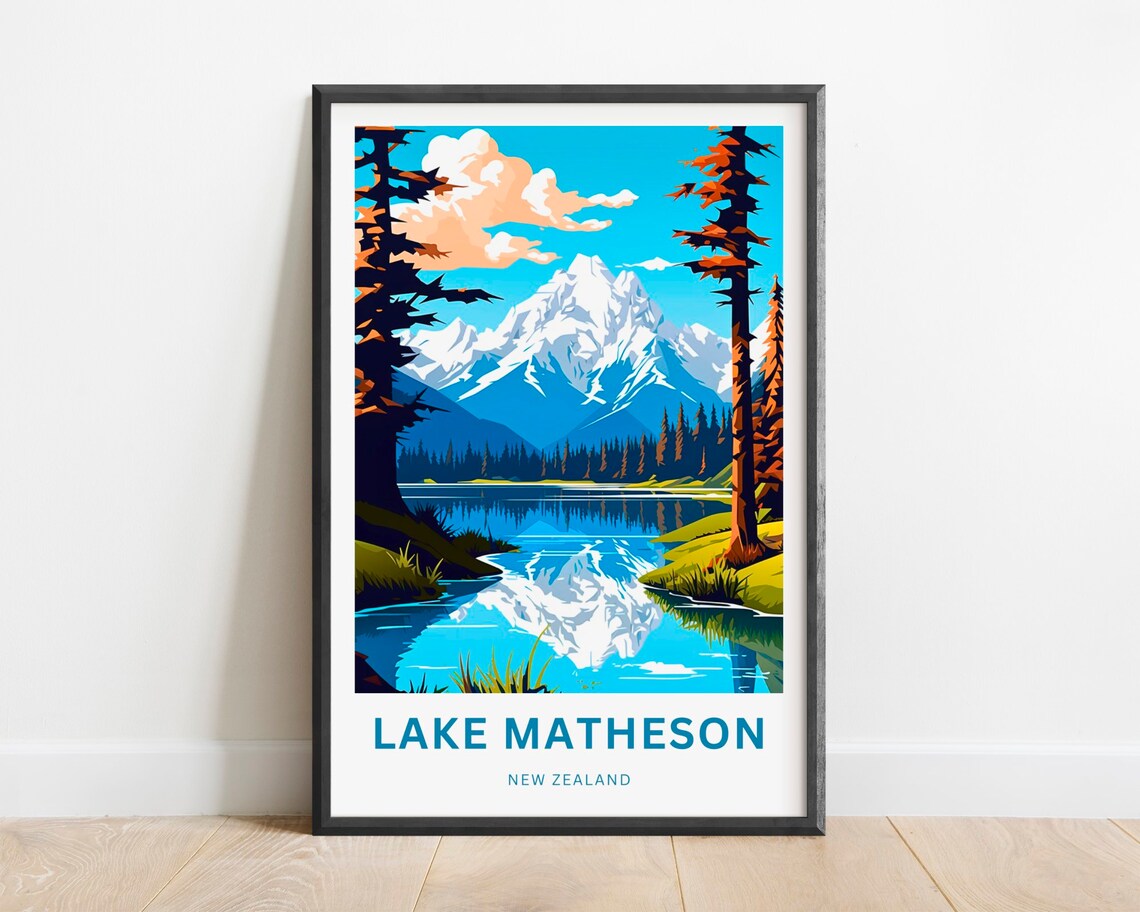 Lake Matheson New Zealand Snowy Mountain Reflection Travel Poster