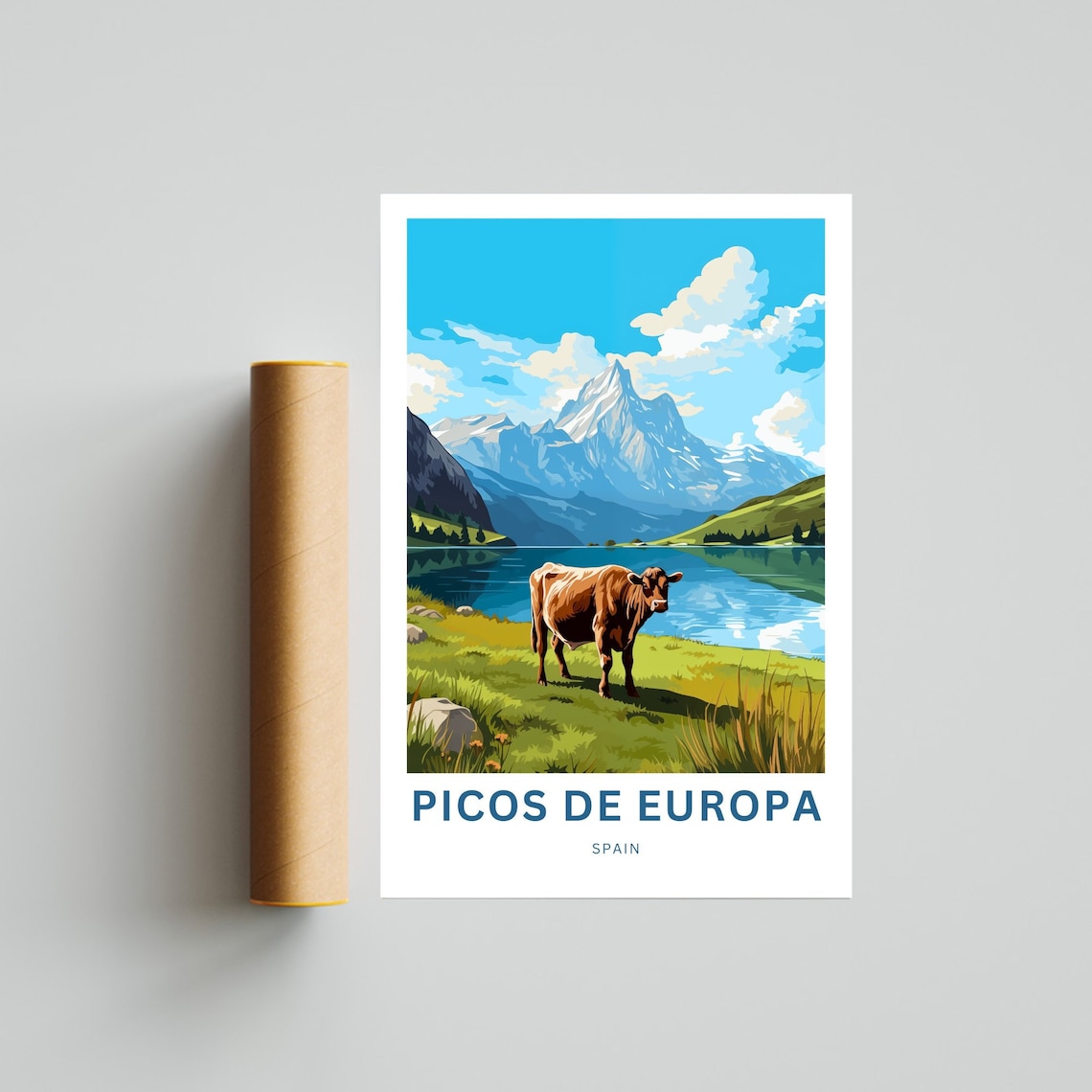 Picos De Europa Spain Snowy Peak Alpine Lake Cow Travel Poster - Image 4