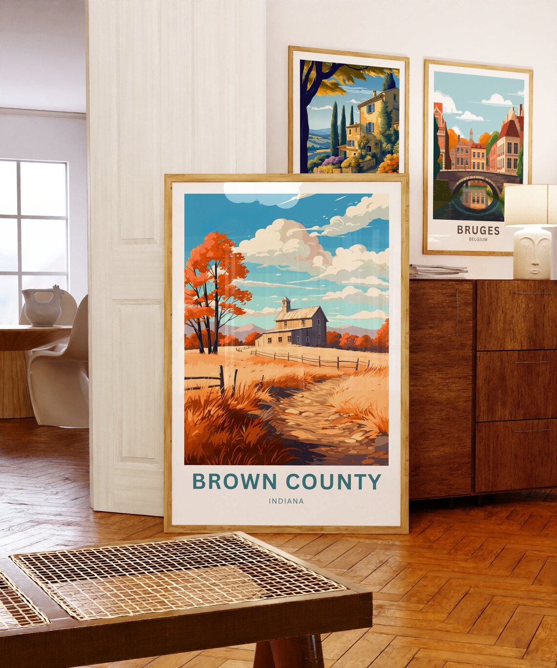 Brown County Indiana Autumn Barn Orange Trees Dirt Road Travel Poster - Image 5