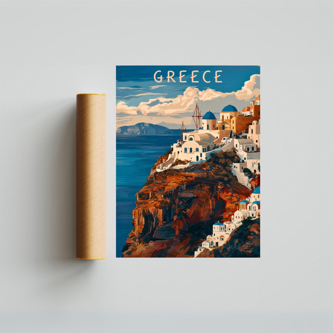 Greece Santorini Blue Dome Village Caldera Vintage Travel Poster - Image 3