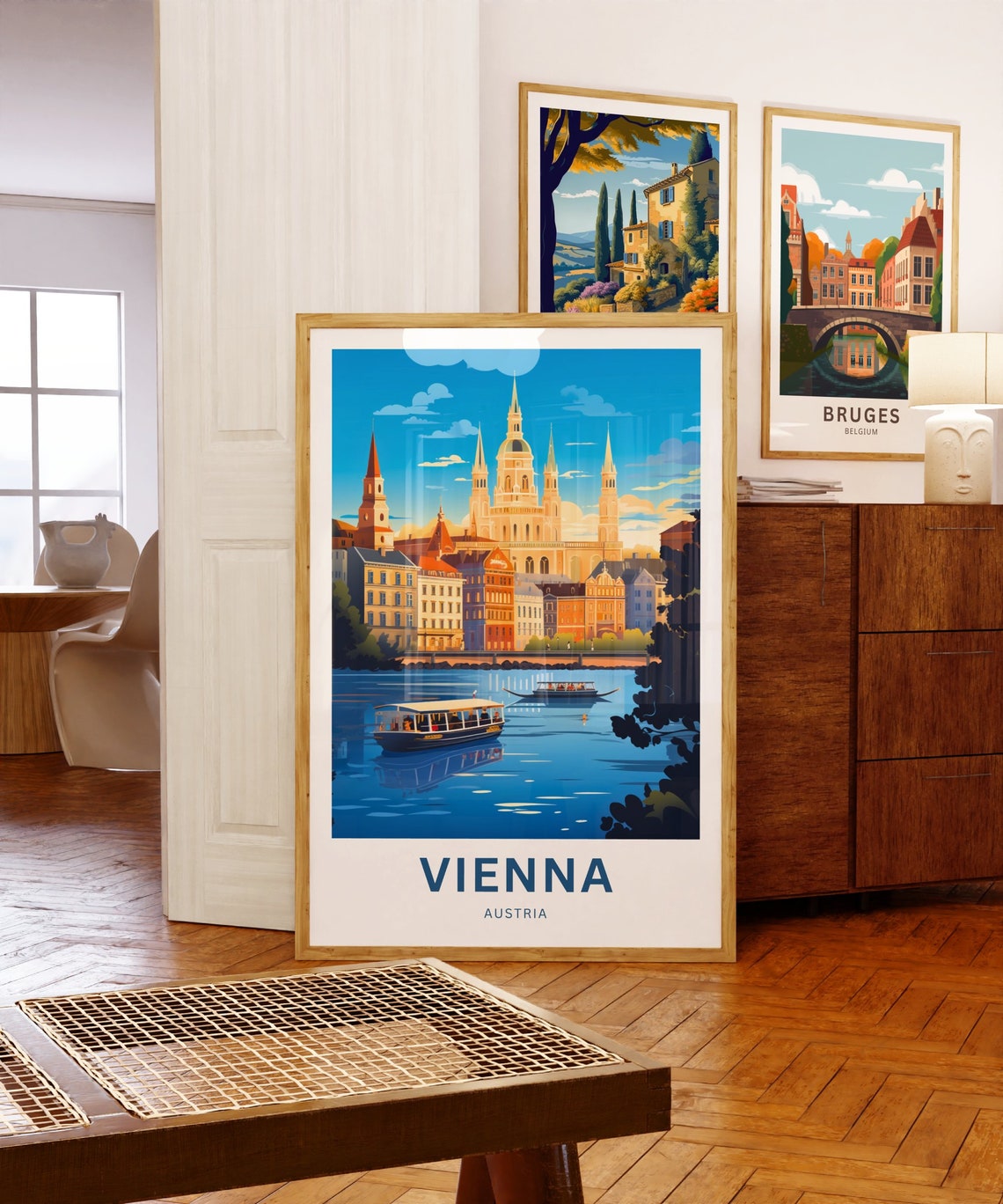 Vienna Austria Riverside Boats Cathedral Skyline Sunset Poster - Image 5