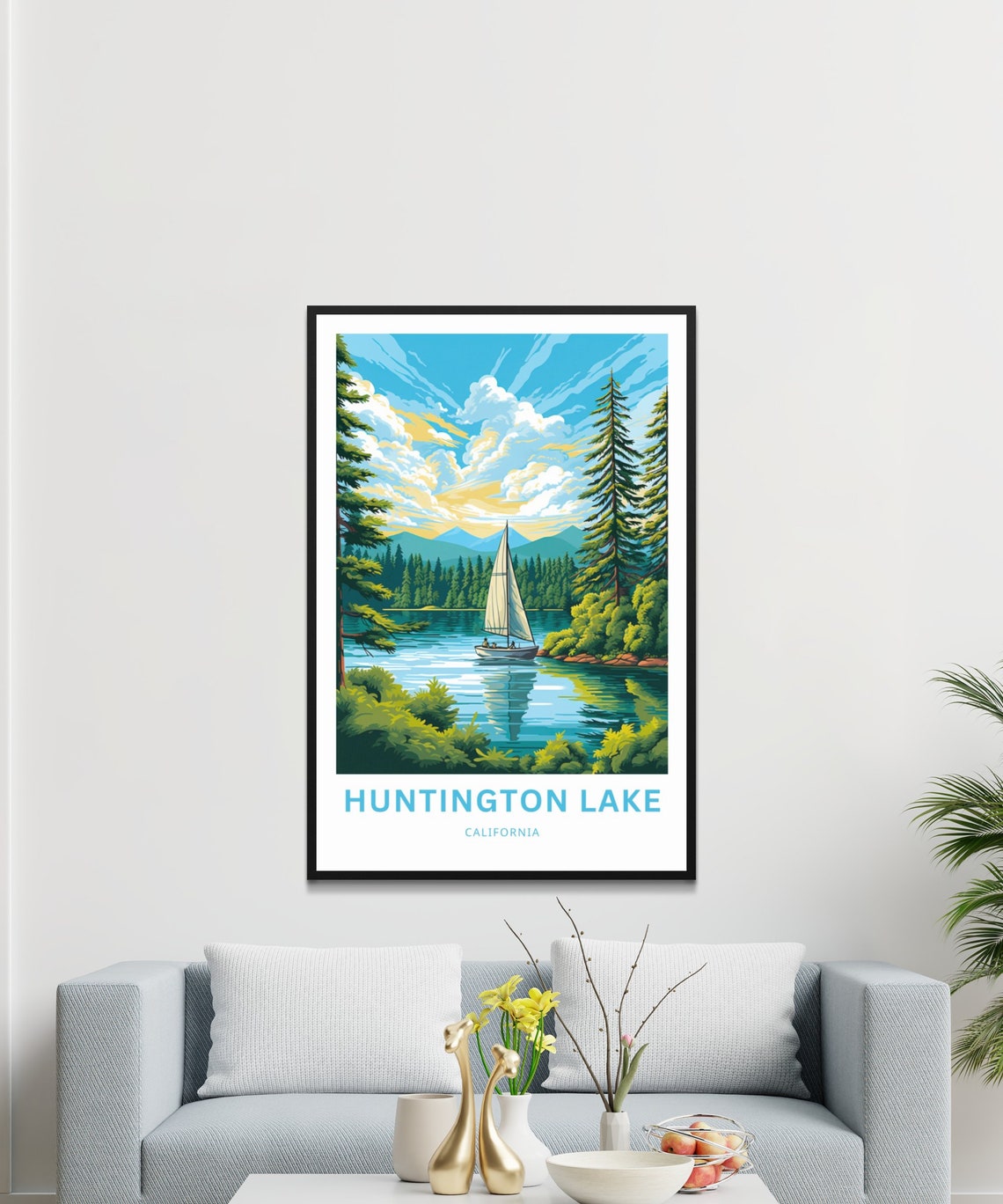 Huntington Lake California Sailboat Pine Shore Cloudy Sky Poster - Image 3