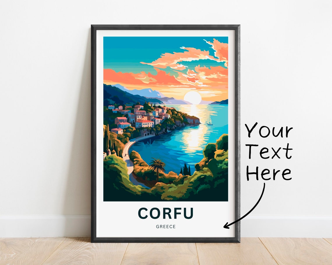 Corfu Greece Coastal Village Sunset Personalized Travel Poster