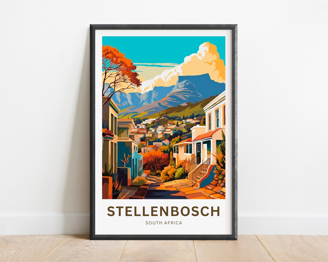 Stellenbosch South Africa Historic Town Houses Mountain Travel Poster