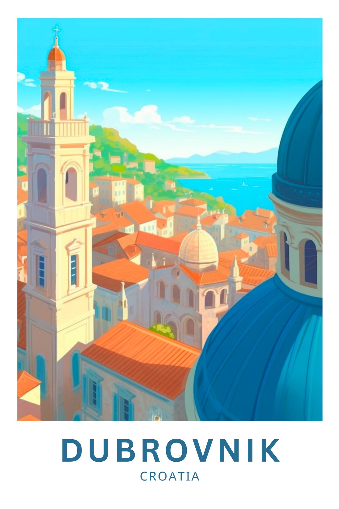 Dubrovnik Croatia Old Town Bell Tower Red Roofs Sea Travel Poster - Image 4