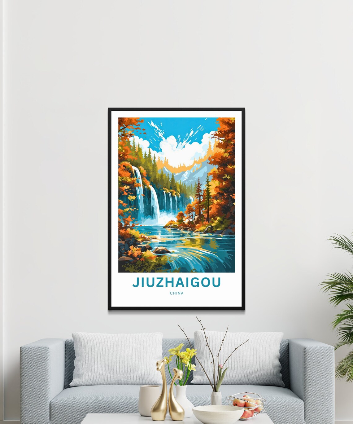 Jiuzhaigou China Autumn Waterfall Valley Custom Travel Poster - Image 3