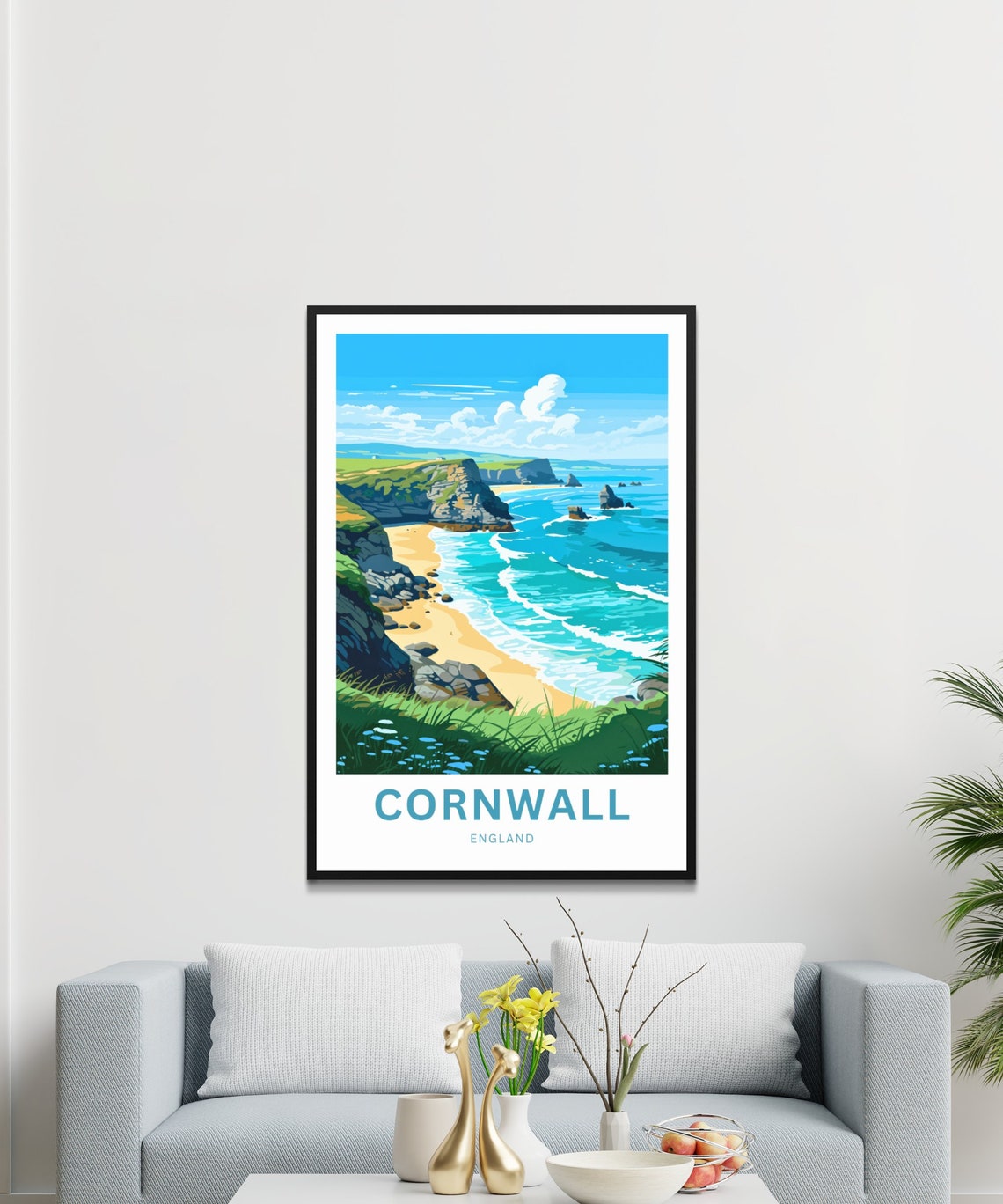 Cornwall England Dramatic Sea Stacks over Golden Beach Poster - Image 3