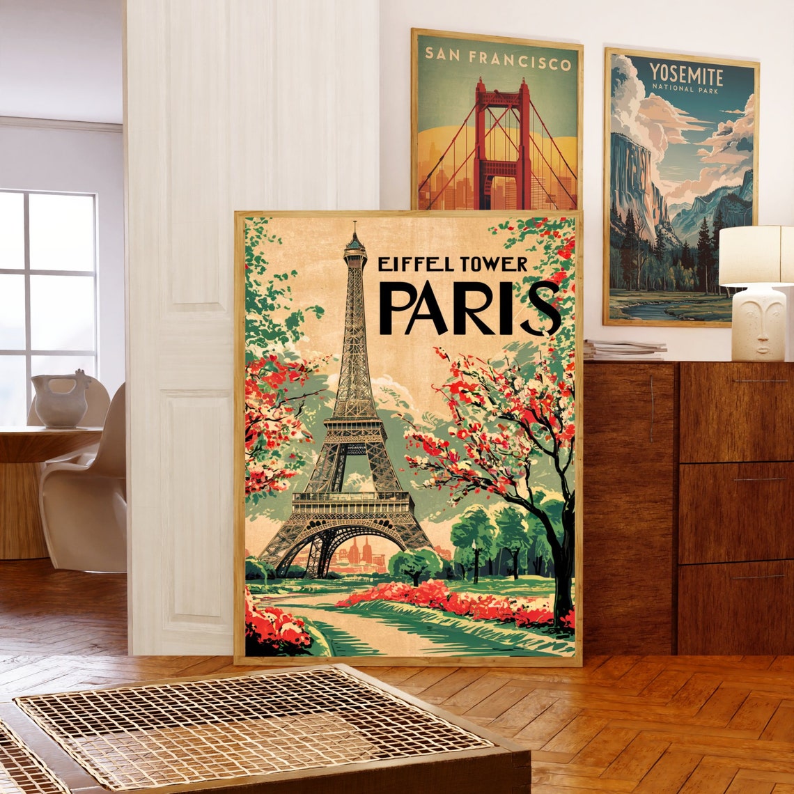 Eiffel Tower Paris Vintage Cherry Blossom Retro Travel Poster - Image 5