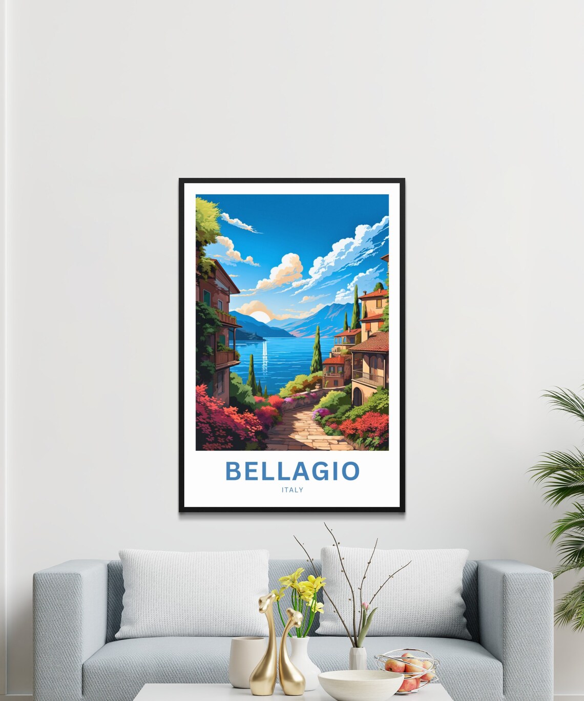 Bellagio Italy Blooming Garden Path Cypress Lake View Travel Poster - Image 2