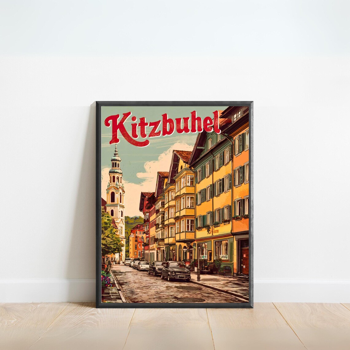 Kitzbuhel Austria Retro Alpine Town Poster Old Street and Church View