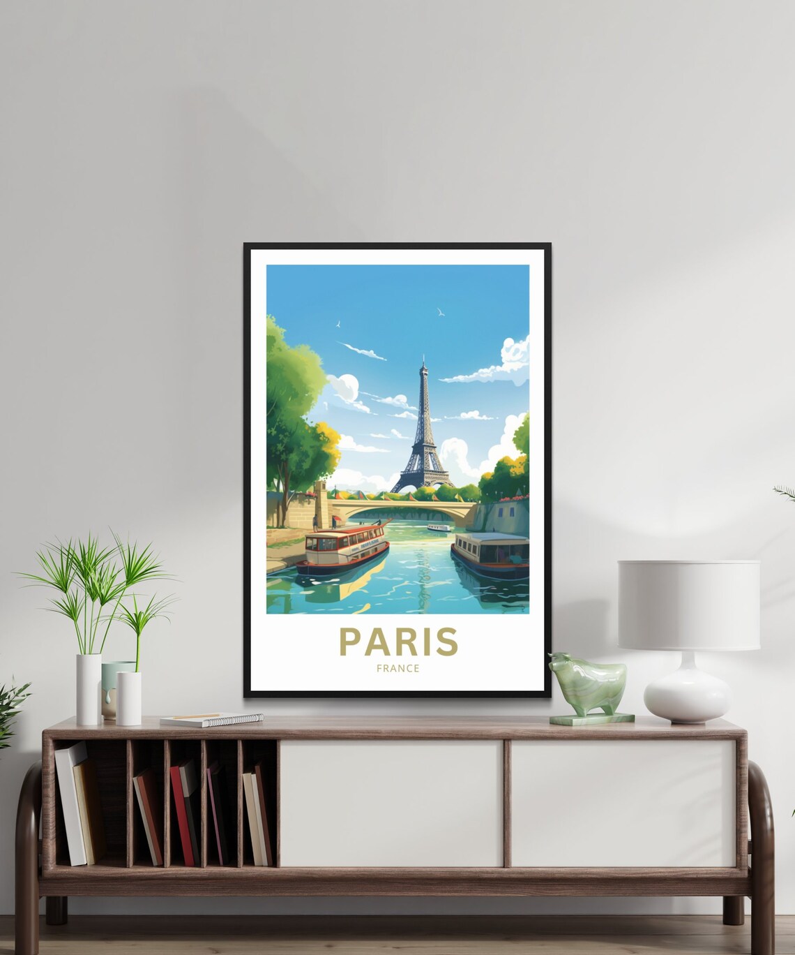 Paris Eiffel Tower Seine River Boats France Vintage Travel Poster - Image 3