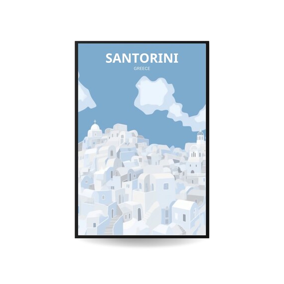 Santorini Greece Aegean Island Modern Print White Buildings Blue Domes