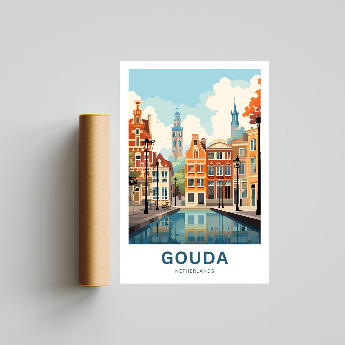 Personalized Gouda Netherlands Canal Gabled Houses Reflection Poster - Image 4