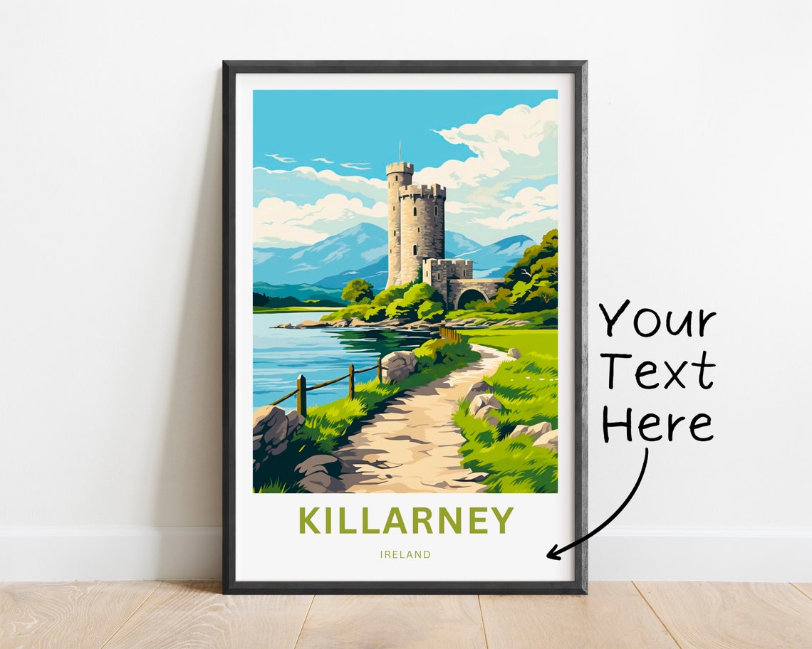 Killarney Ireland Castle Lake Custom Text Scenic Travel Poster