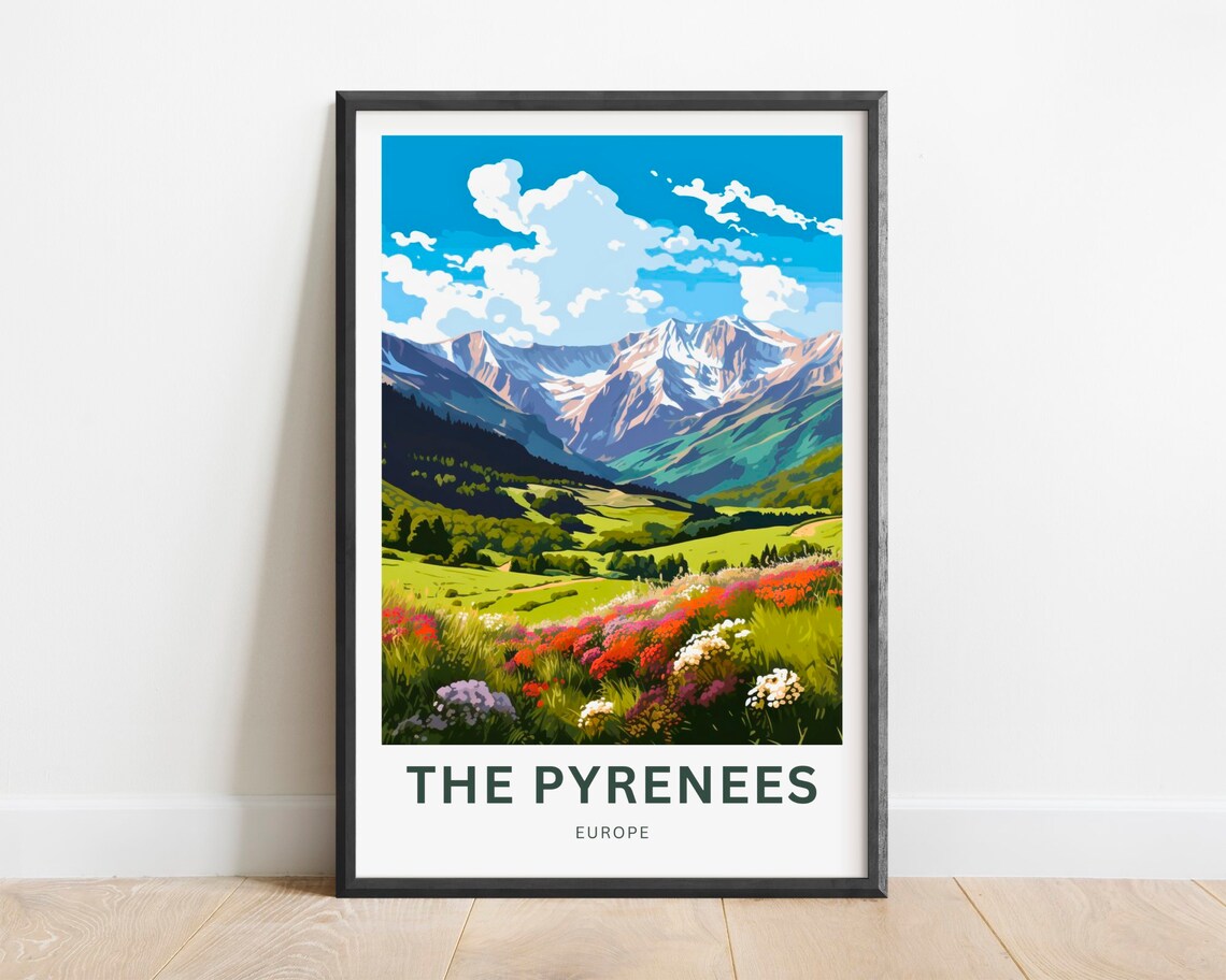 The Pyrenees Europe Snowy Peaks Wildflower Meadow Travel Poster