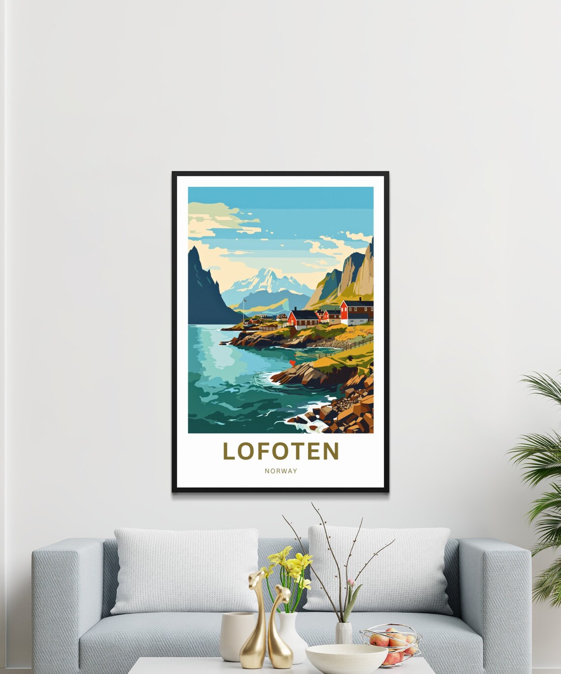 Lofoten Norway Teal Fjord Red Cabins Snow Peaks Personalized Poster - Image 3