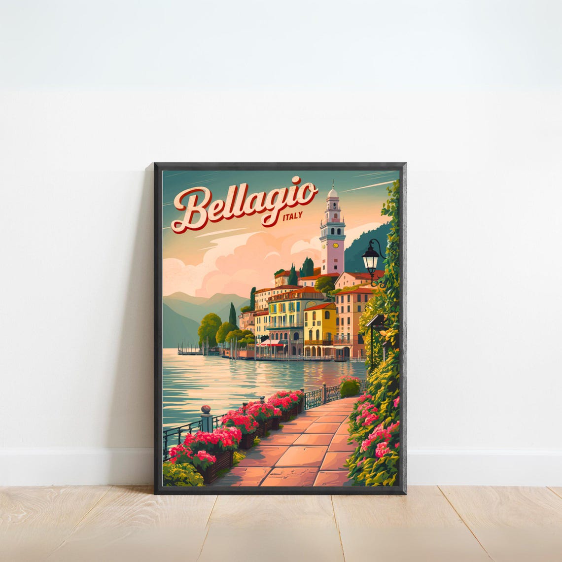 Bellagio Italy Lakeside Promenade Retro Vintage Travel Poster