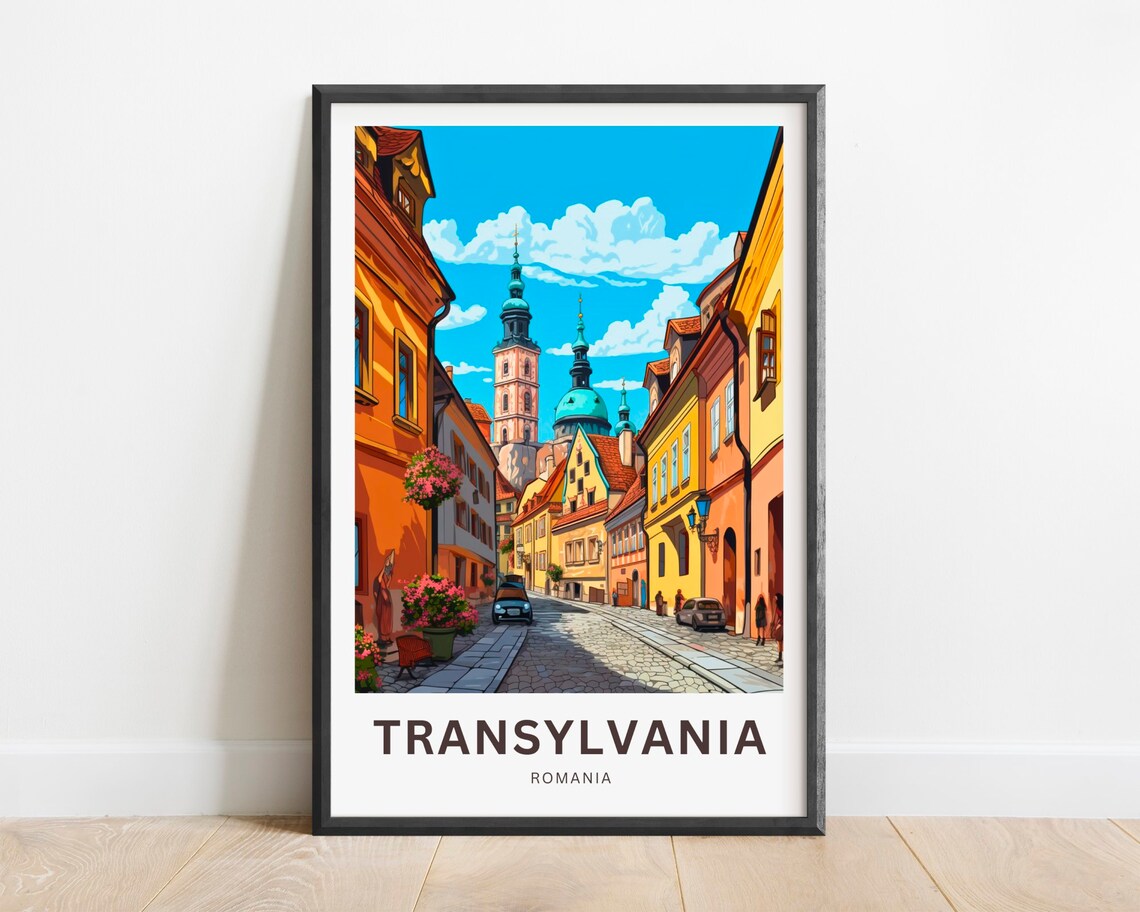 Transylvania Romania Old Town Cobblestone Street Travel Poster