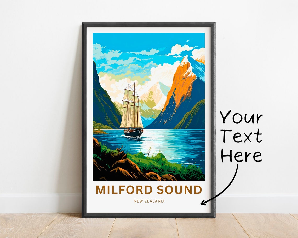 Milford Sound New Zealand Classic Tall Ship Fjord Scene Travel Poster