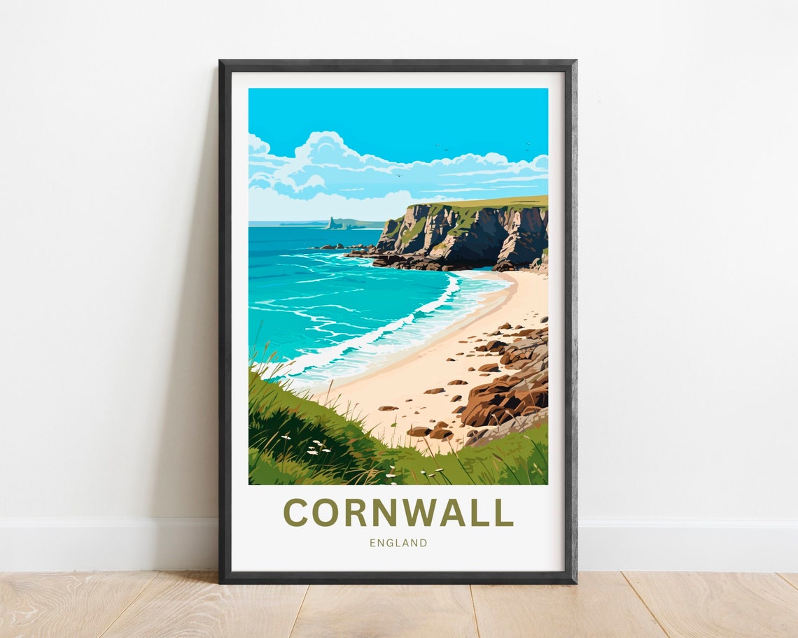 Cornwall England Turquoise Beach and Rugged Sea Cliffs Poster