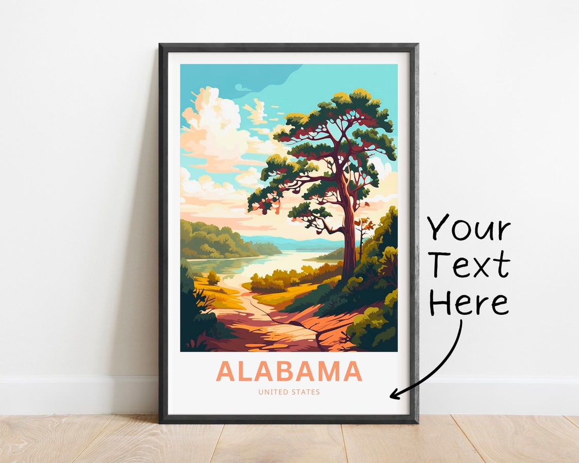 Alabama Personalized Travel Poster Pine Lake Sunset Custom Text Art